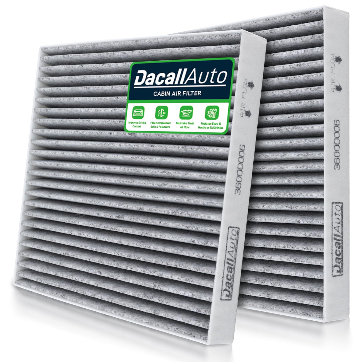 Dacall front packaging showing two replacement cabin air filters and fitment benefit
