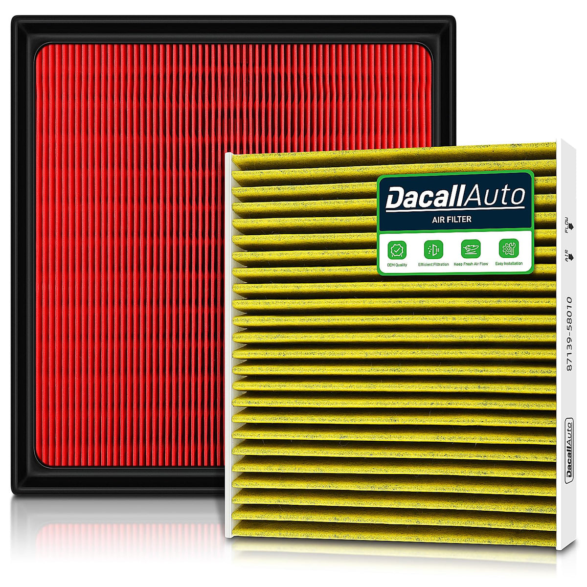 Dacall front packaging showing engine and cabin filter set and fitment benefits