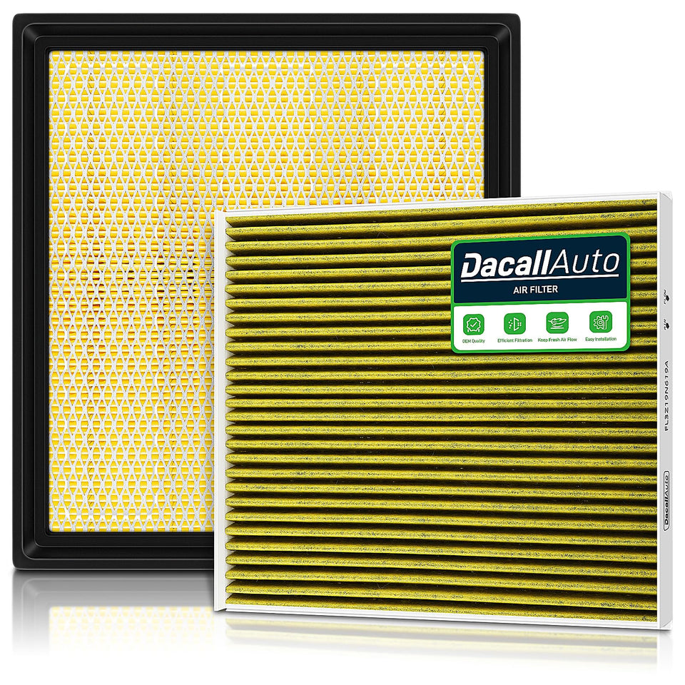 Dacall front packaging of engine and cabin filter set showing contents and benefit convenience