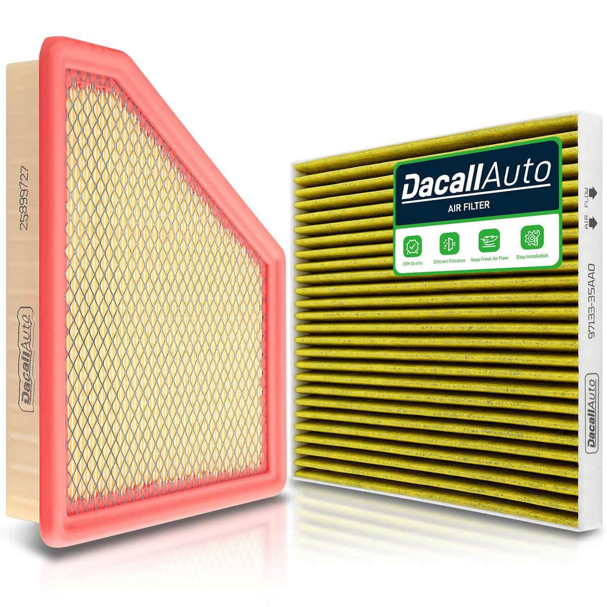 Dacall front-packaging showing both engine and cabin filters for quick fit confirmation