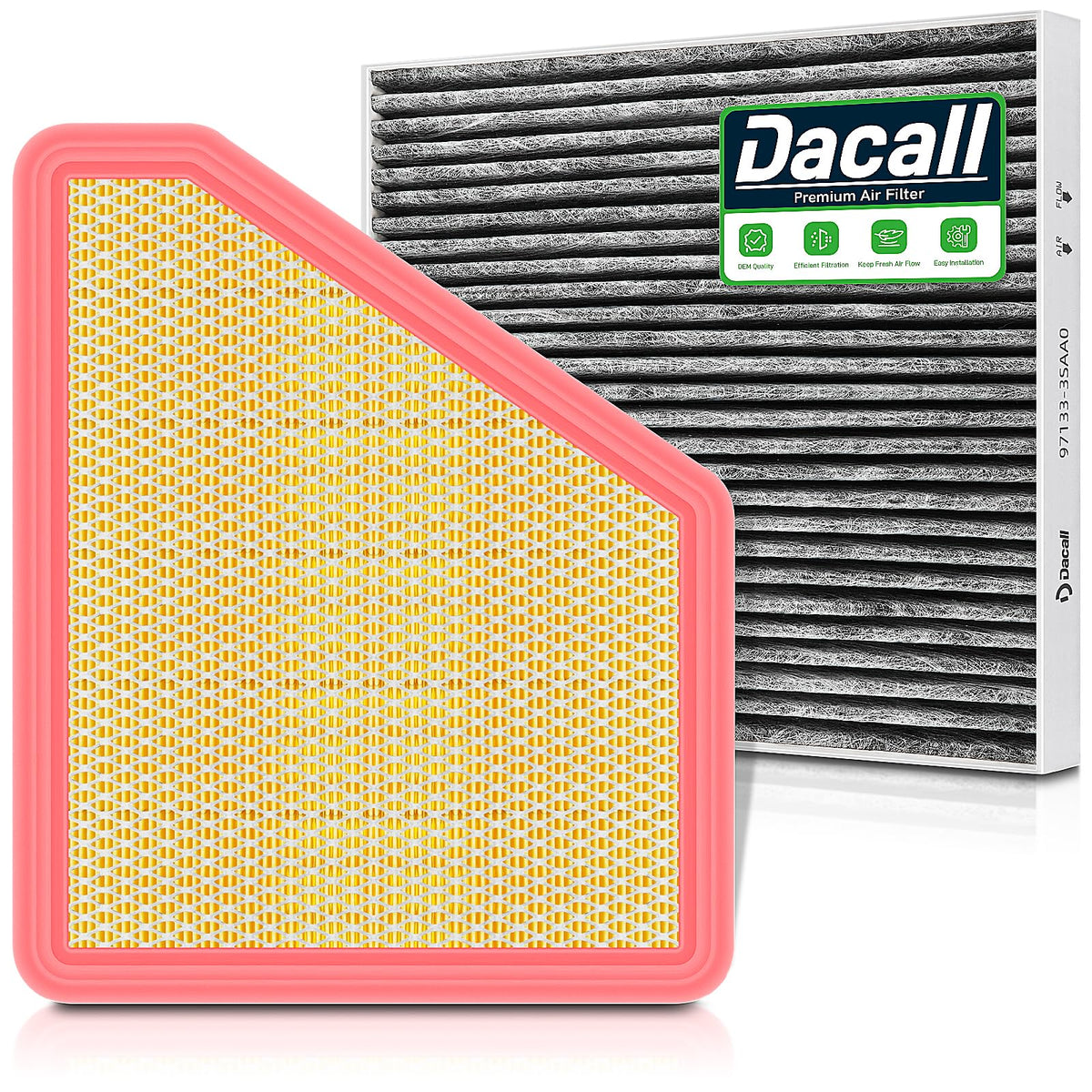 Dacall front packaging showing both cabin and engine filters and clear fit information