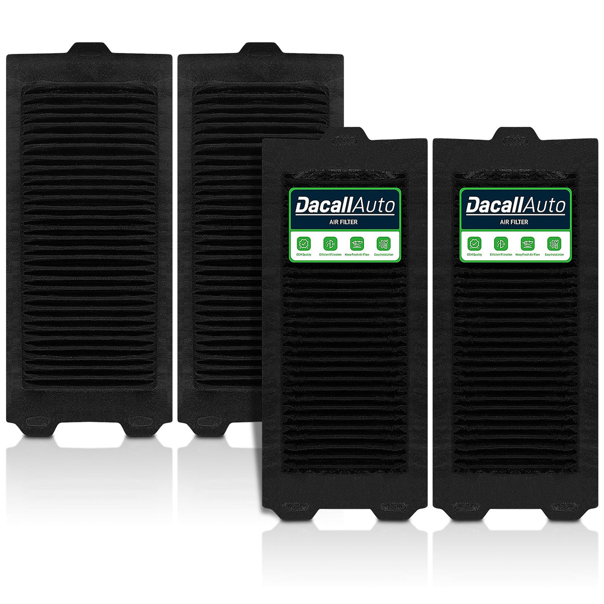 Dacall front packaging showing four replacement filters and fit compatibility benefits