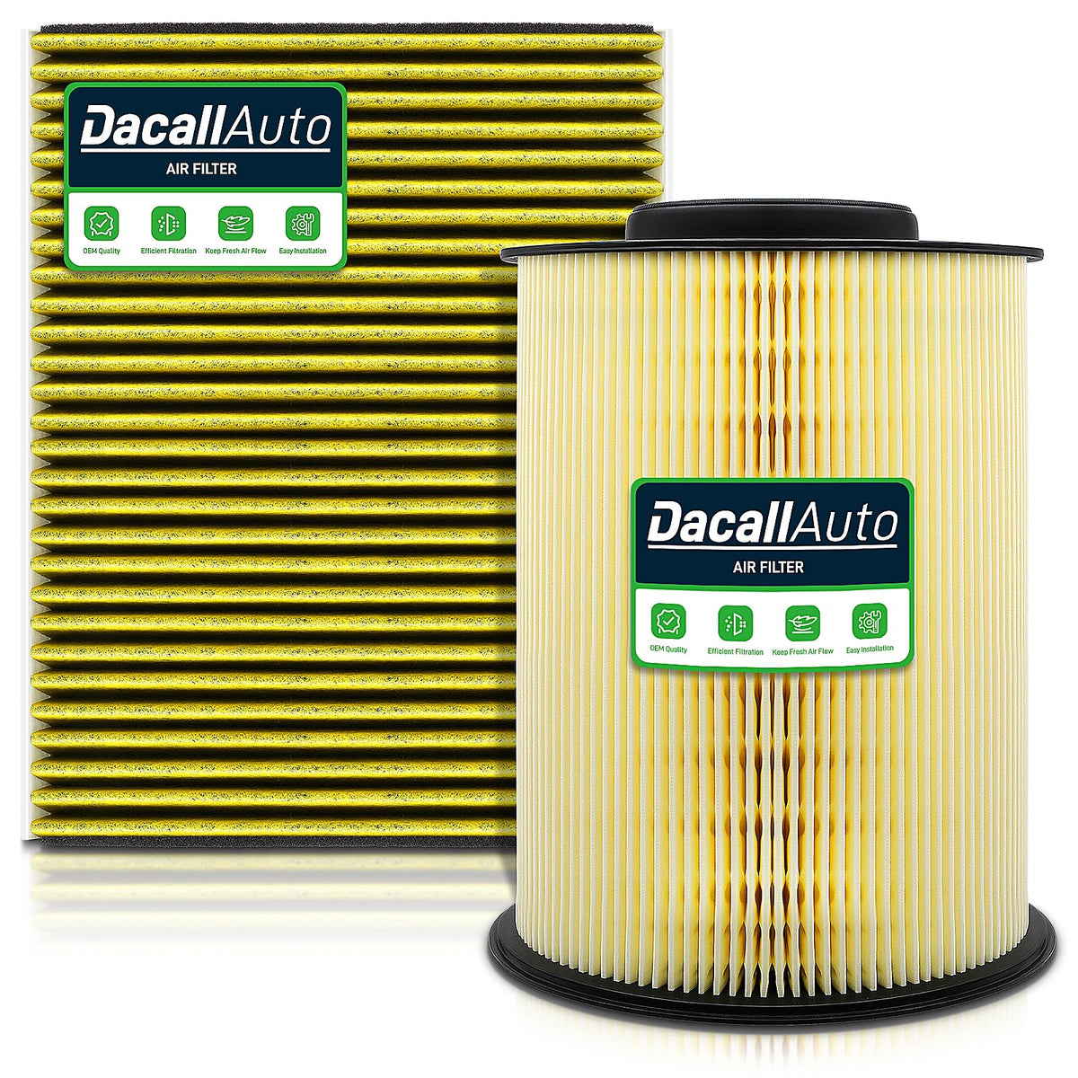 Dacall front packaging showing both engine and cabin filters and clear labeling benefits