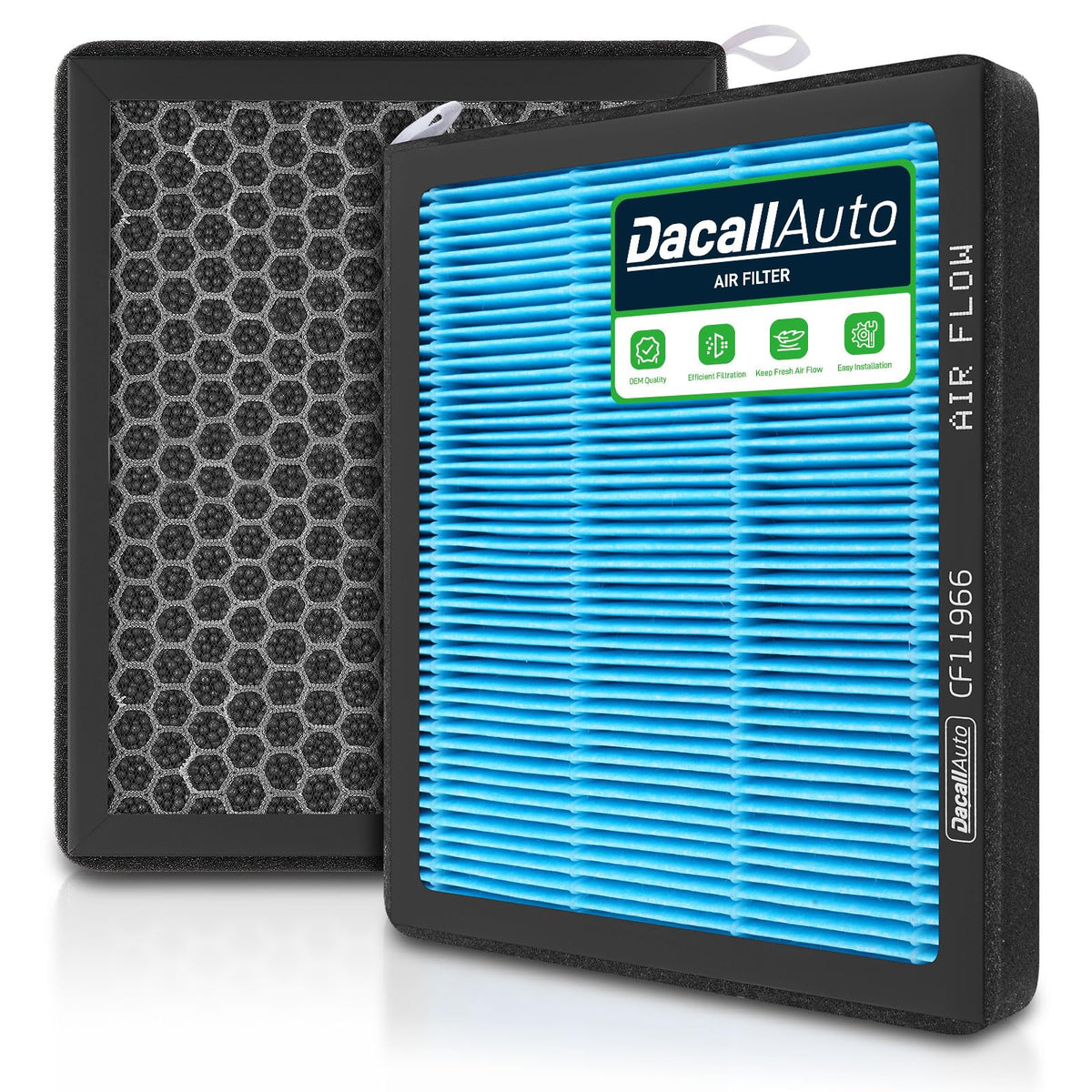 Dacall front view of CF11966 cabin filter showing clean packaging and fit