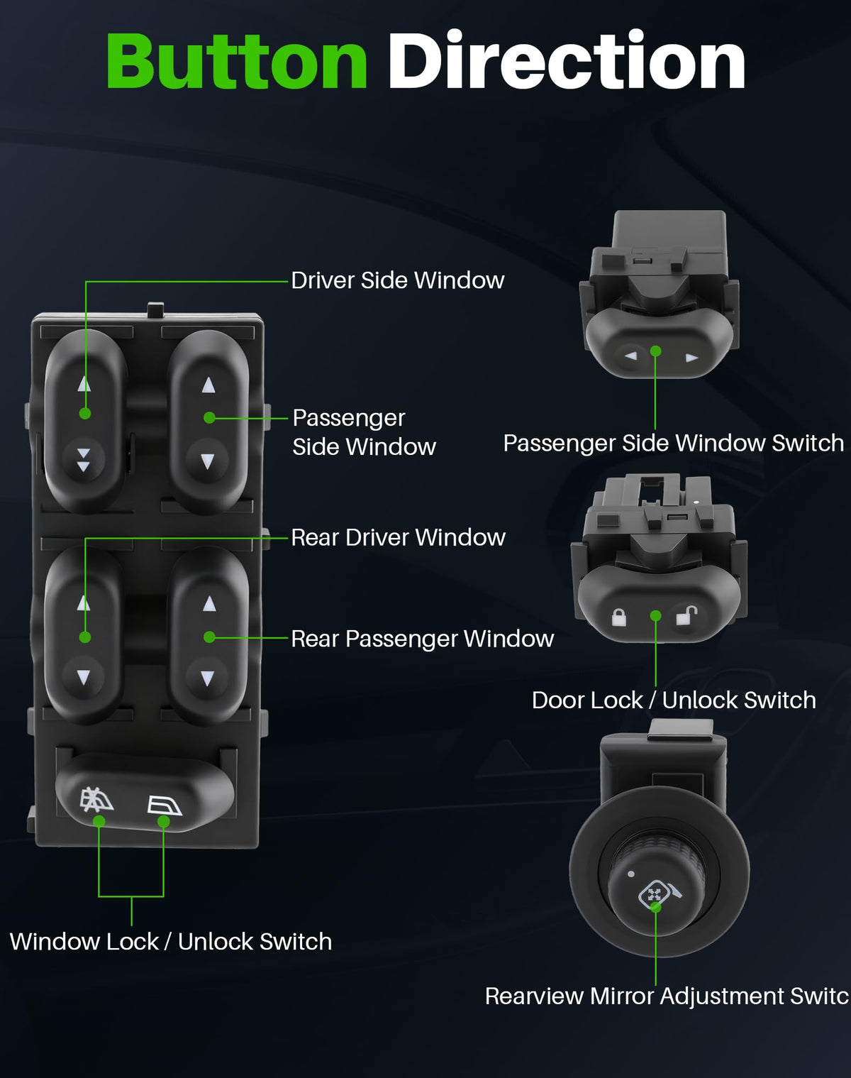 Dacall passenger switches arranged to show matching fit and uniform appearance