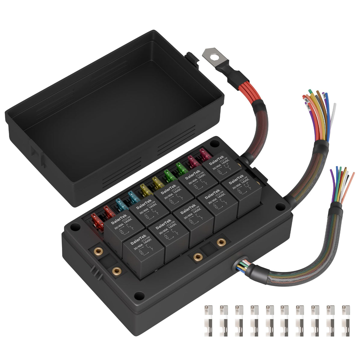 DAIERTEK front view of relay and fuse panel showing organized layout and quick install benefit