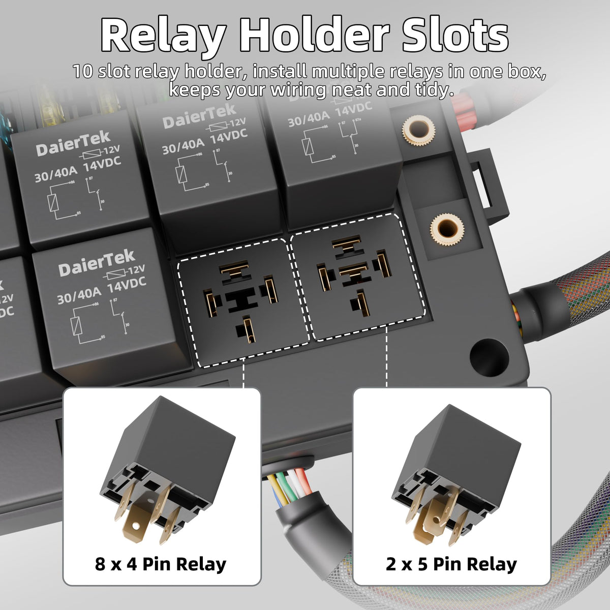 DAIERTEK side view of pre-wired harness with 12 AWG feed for safer high-current handling