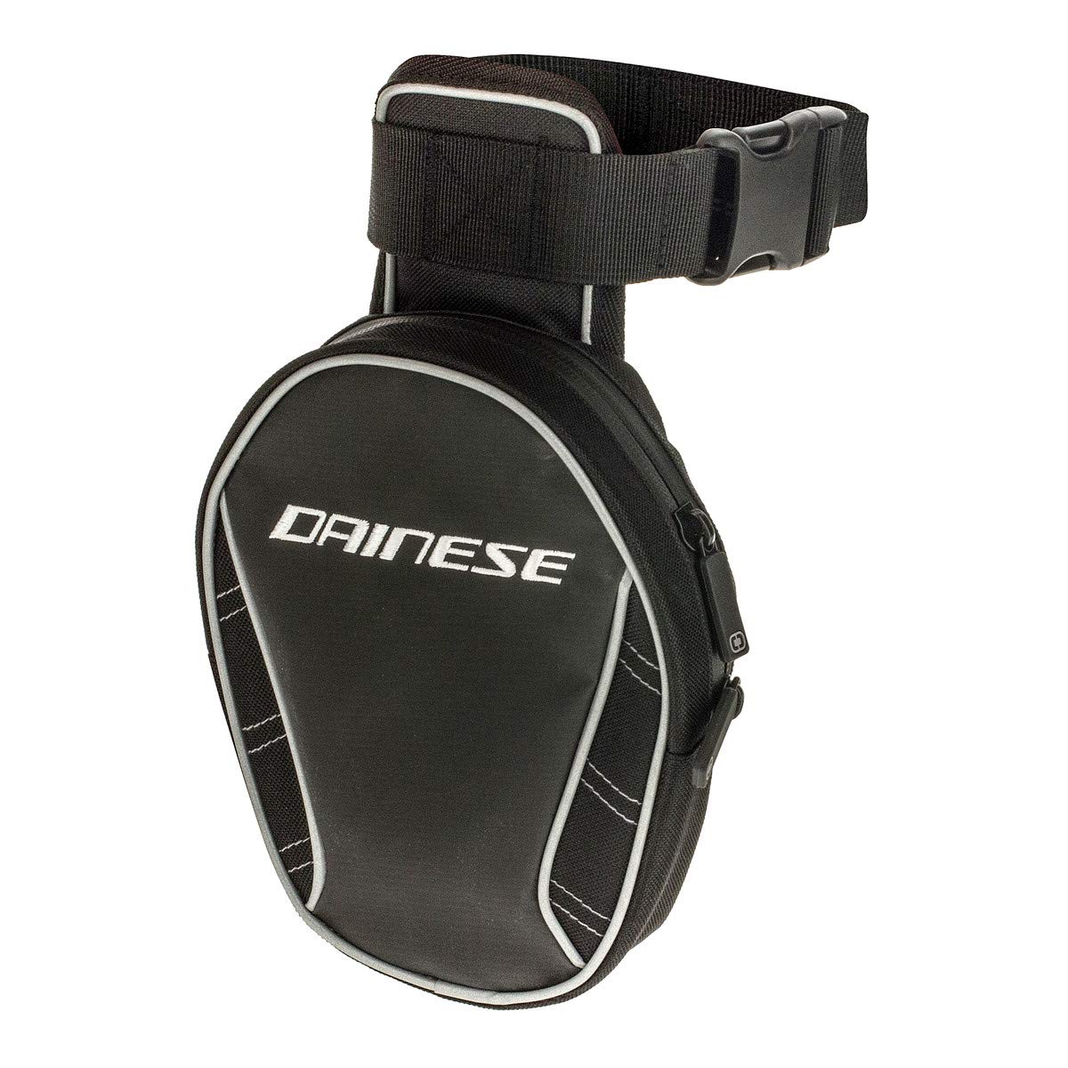 Dainese leg bag front view showing compact stealth black design and secure storage benefit