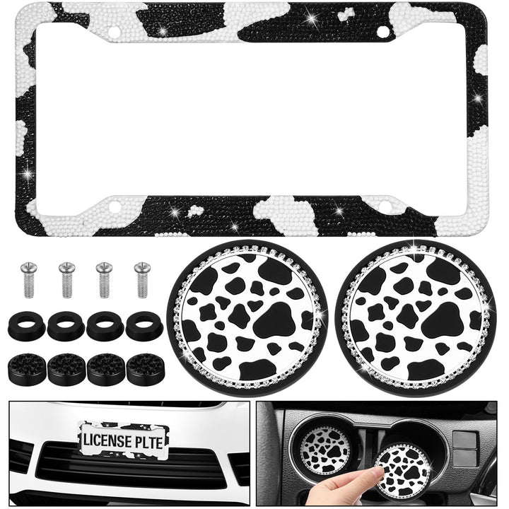 DaisyInner front view license plate frame showing cow print and rhinestones for stylish curb appeal