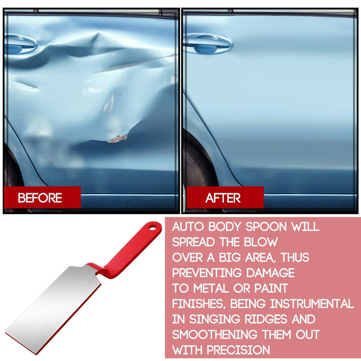 DaisyInner in use with hammer on car panel demonstrating controlled impact for dent repair