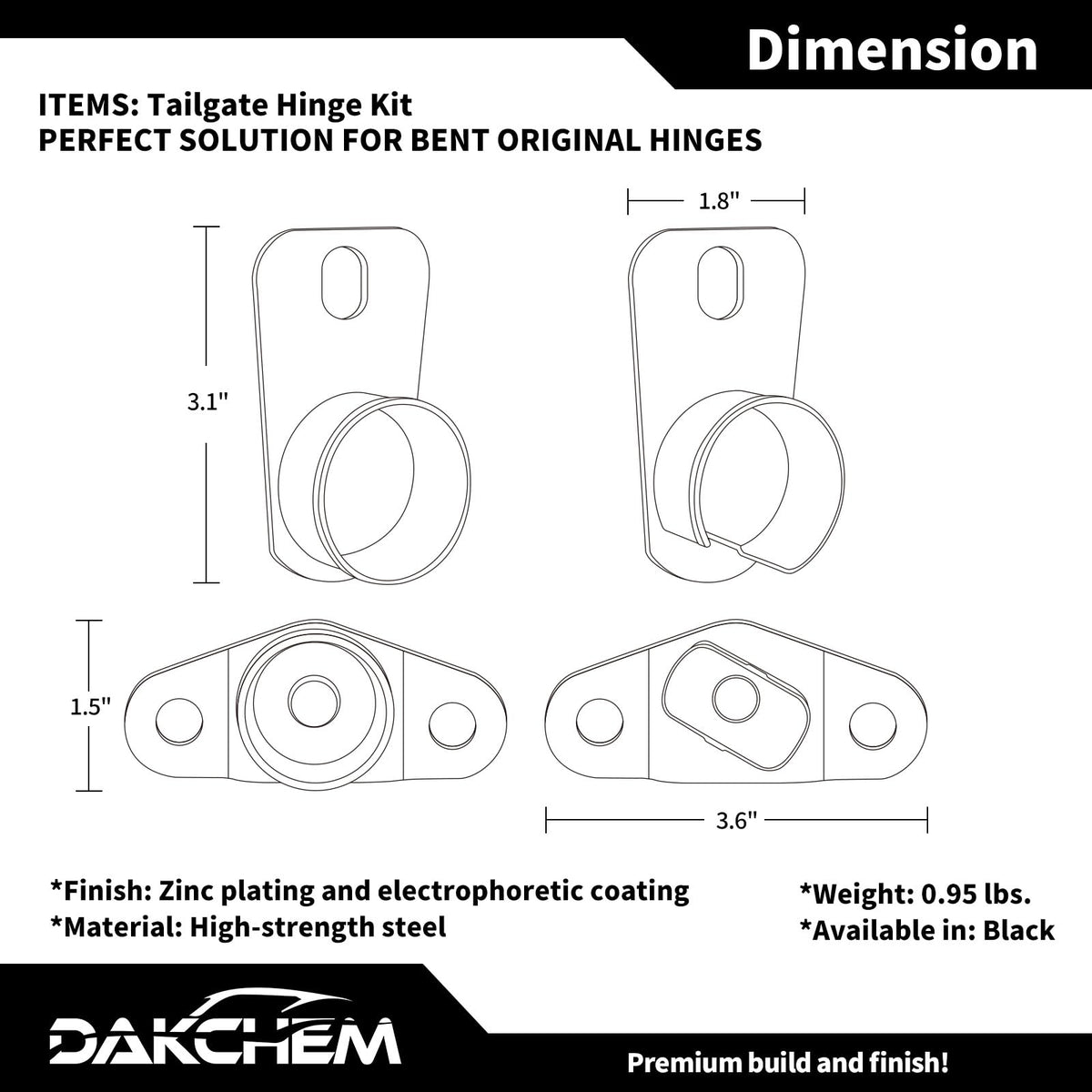 DAKCHEM hinge next to ruler showing dimensions for accurate fit verification and purchase certainty