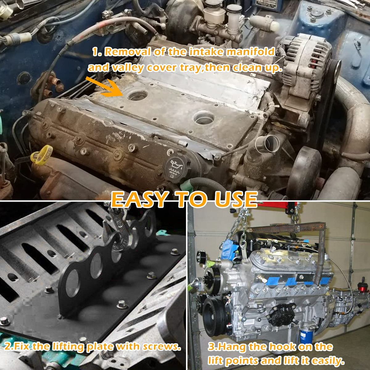 Danti plate attached to engine block demonstrating secure fit and safer lifting