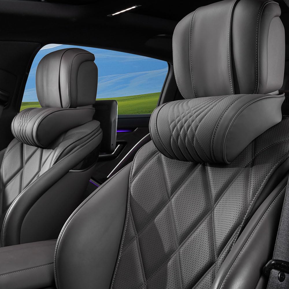 Dapucarin front view of two black headrest pillows showing matching design and luxury feel