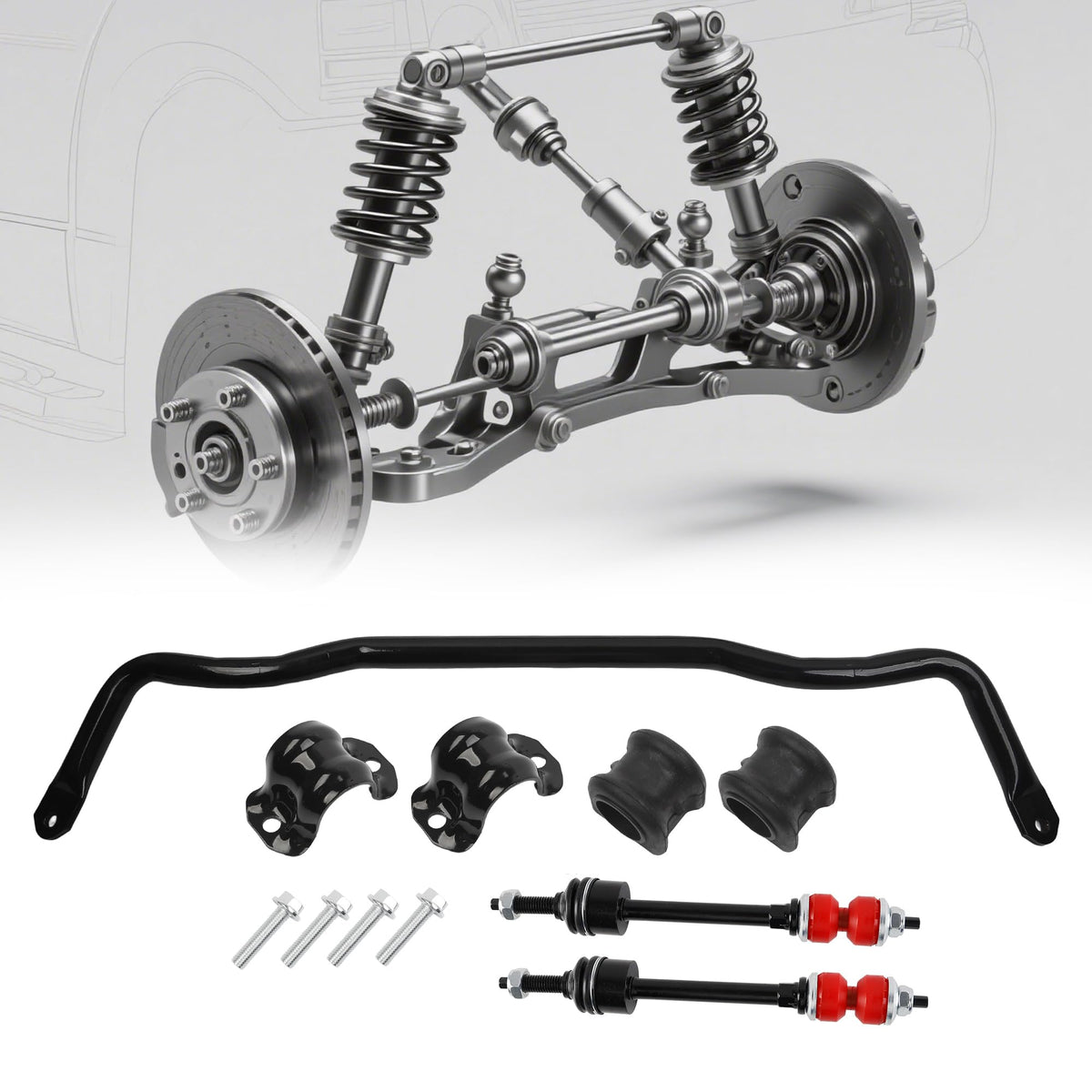 Dasbecan front stabilizer bar packaged, clear label, shows fitment and benefits