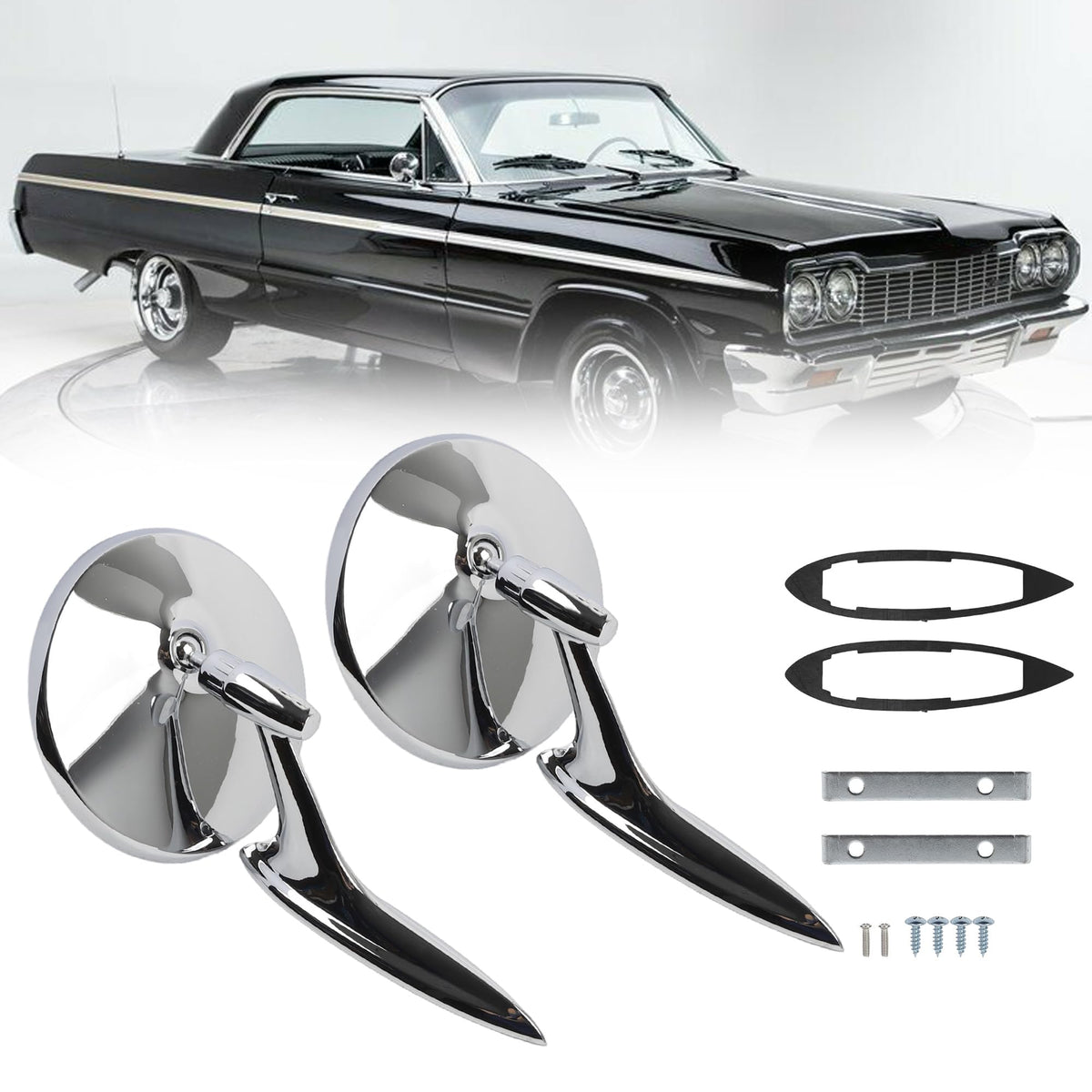 Dasbecan front view of mirror pair showing chrome finish and classic styling benefit