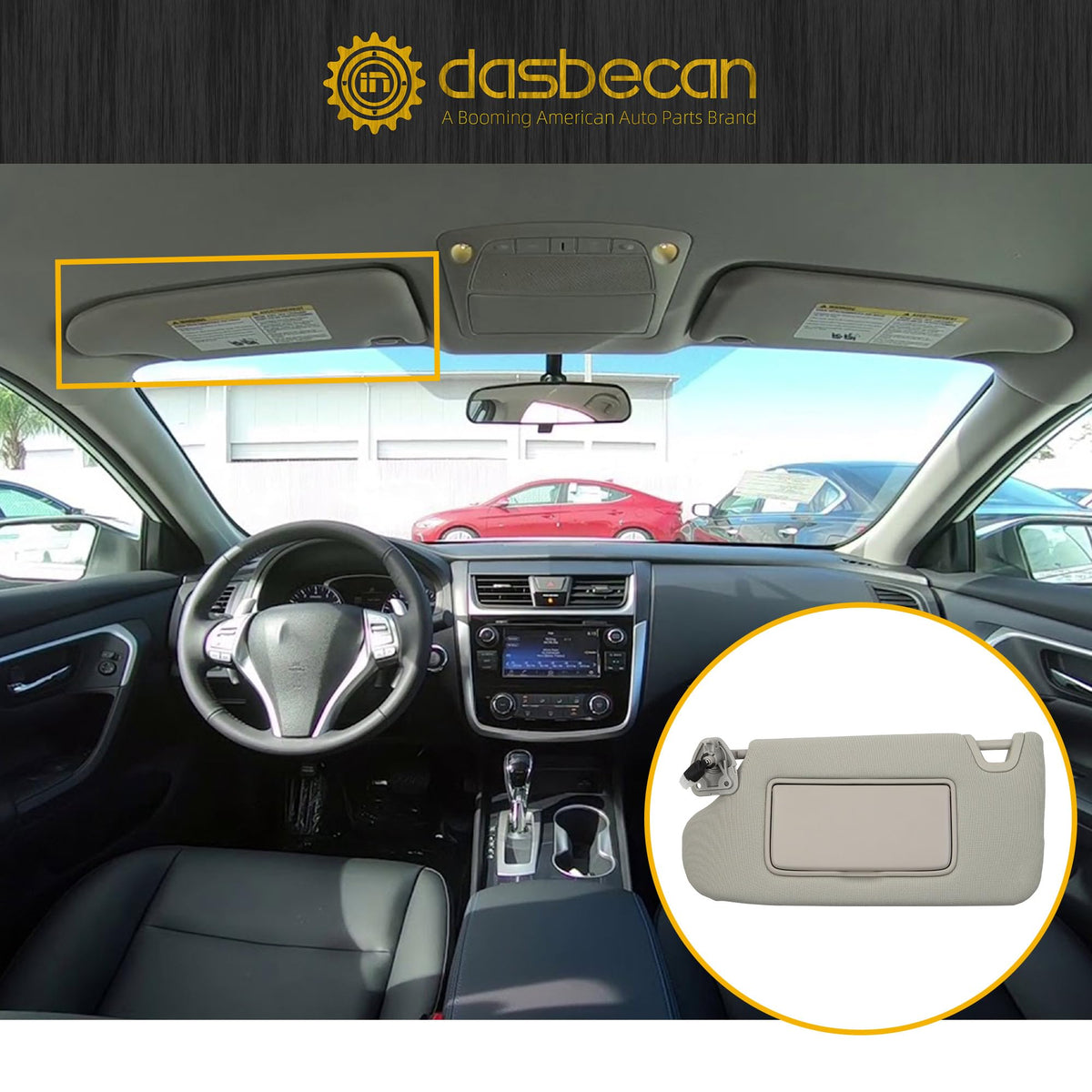 Dasbecan sun visor installed in Nissan Altima interior for restored functionality