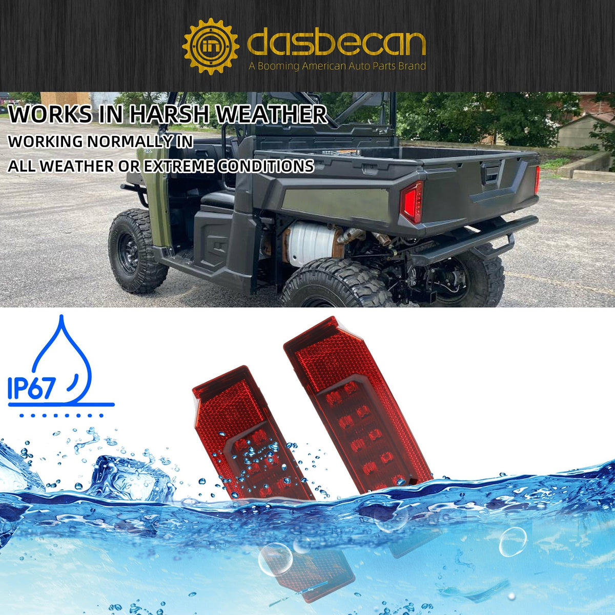 Dasbecan tail lights mounted on Polaris Ranger rear demonstrating OEM fitment