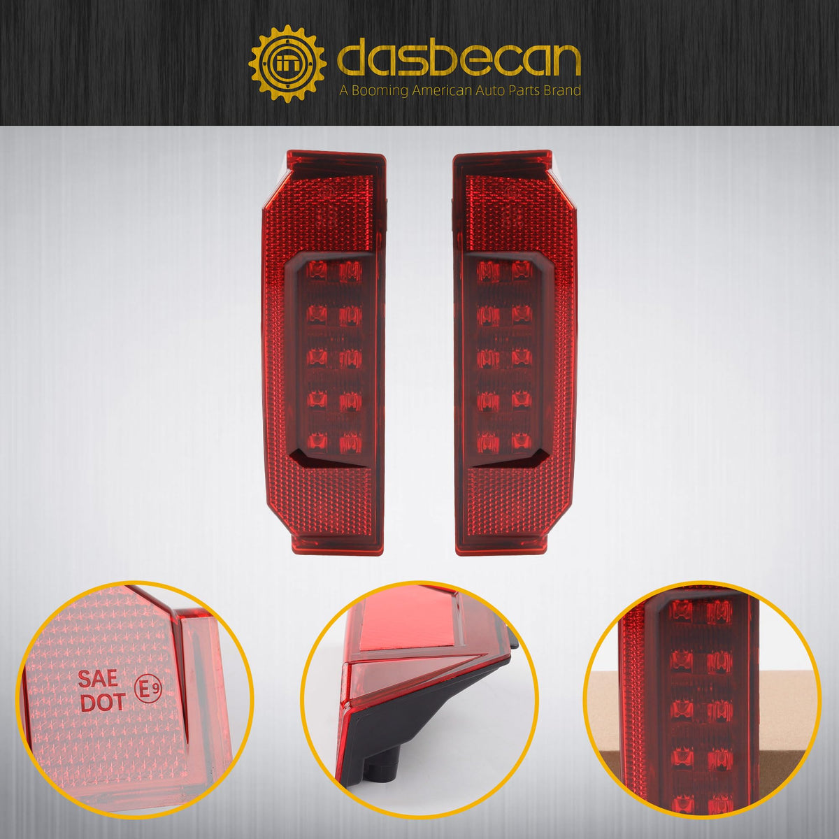 Dasbecan tail lights beside ruler illustrating compact size and scale