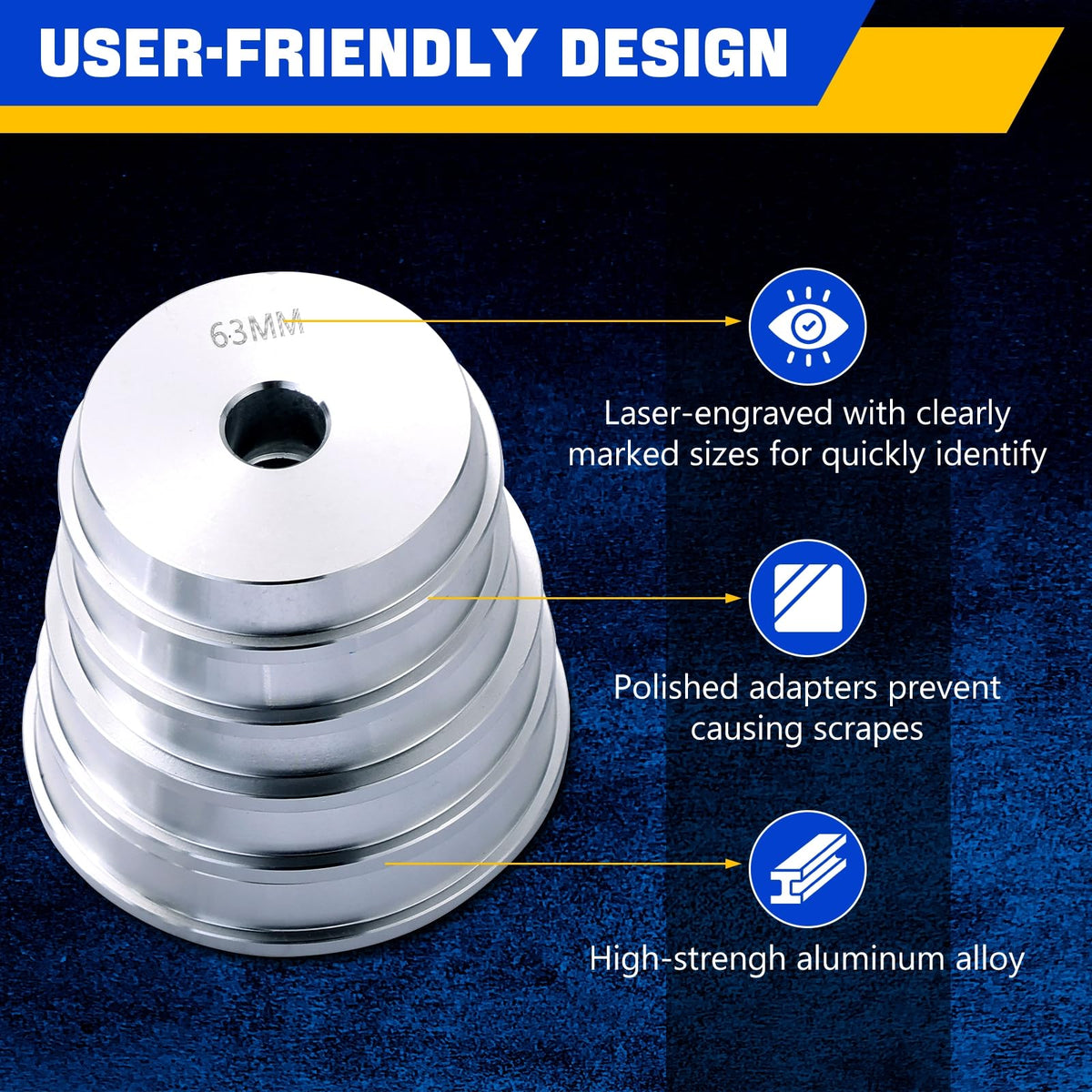 DASBET top-down layout of nine driver discs and handle highlighting clear laser-engraved sizes