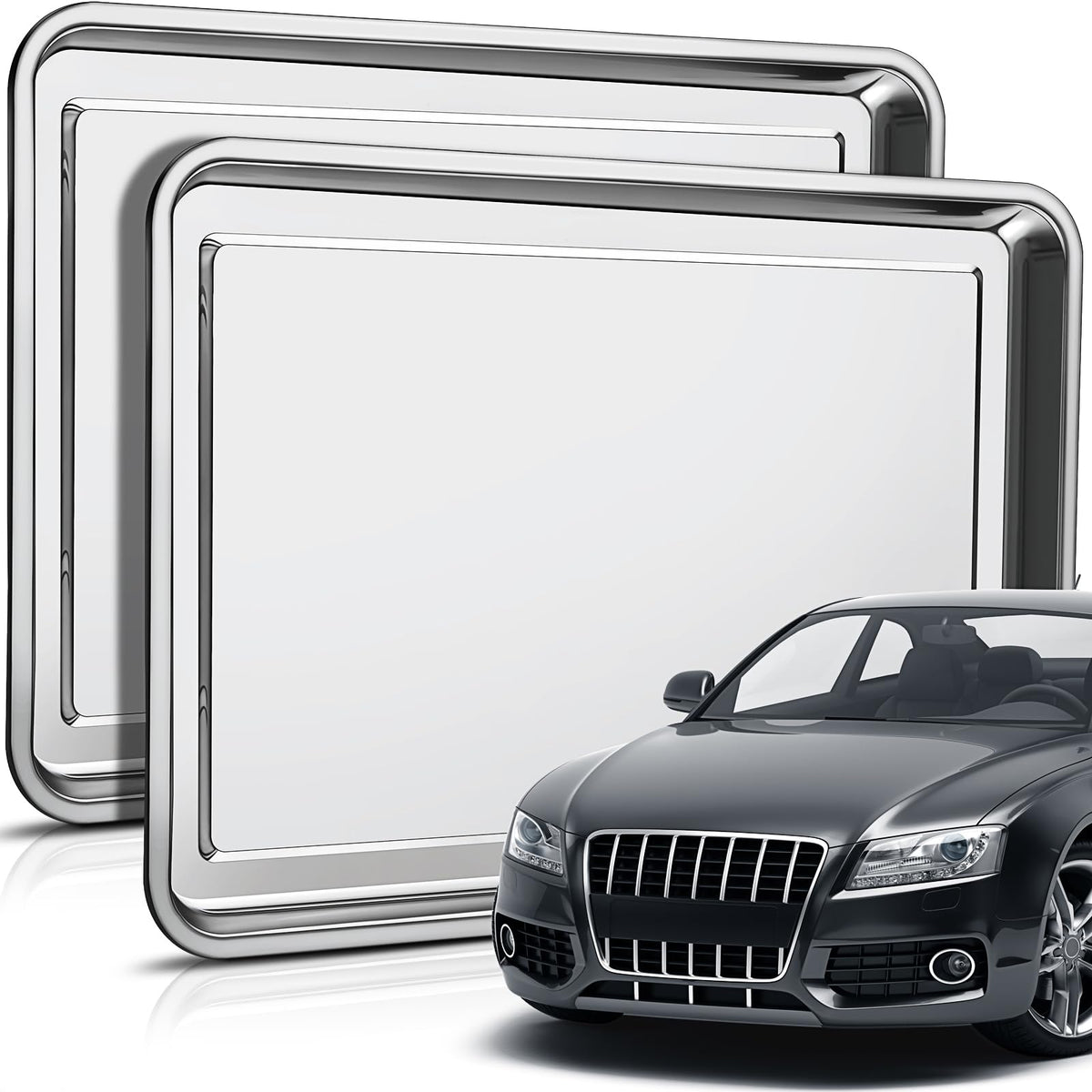 Datanly front view of two silver trays showing large coverage and tidy storage benefit