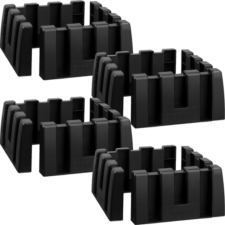 Datanly front view of four black trunk organizer blocks showing compact pack and benefit of space-saving