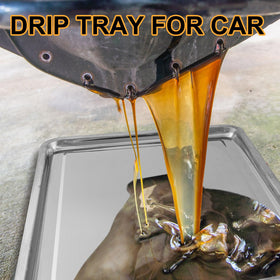 Datanly oil drip pan positioned under car engine catching draining oil for neat cleanup