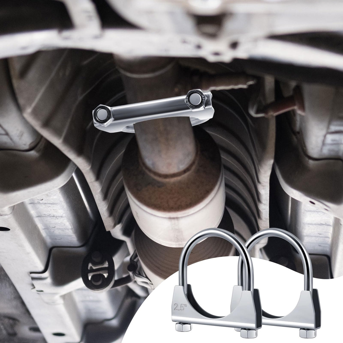 Datanly clamp installed on a 2.5" muffler pipe showing leak prevention benefit