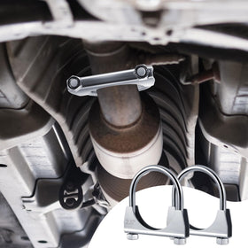 Datanly clamp installed on a 2.5" muffler pipe showing leak prevention benefit