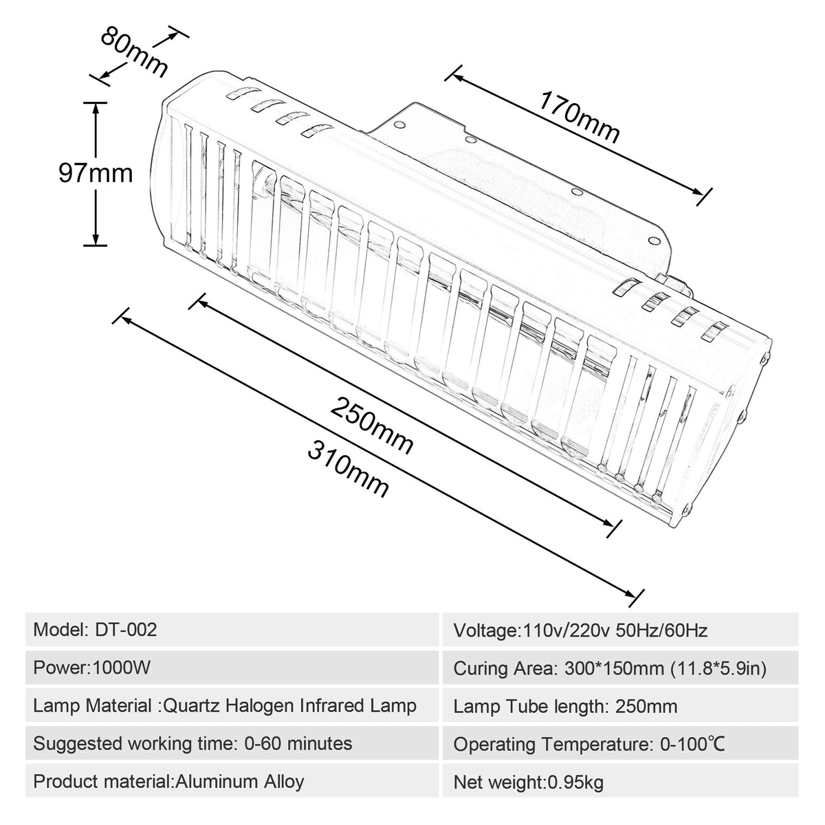 DATOUBOSS next to ruler showing 300x150mm curing area scale