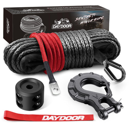 DAYDOOR front view of packaged winch rope showing length and gray color benefits