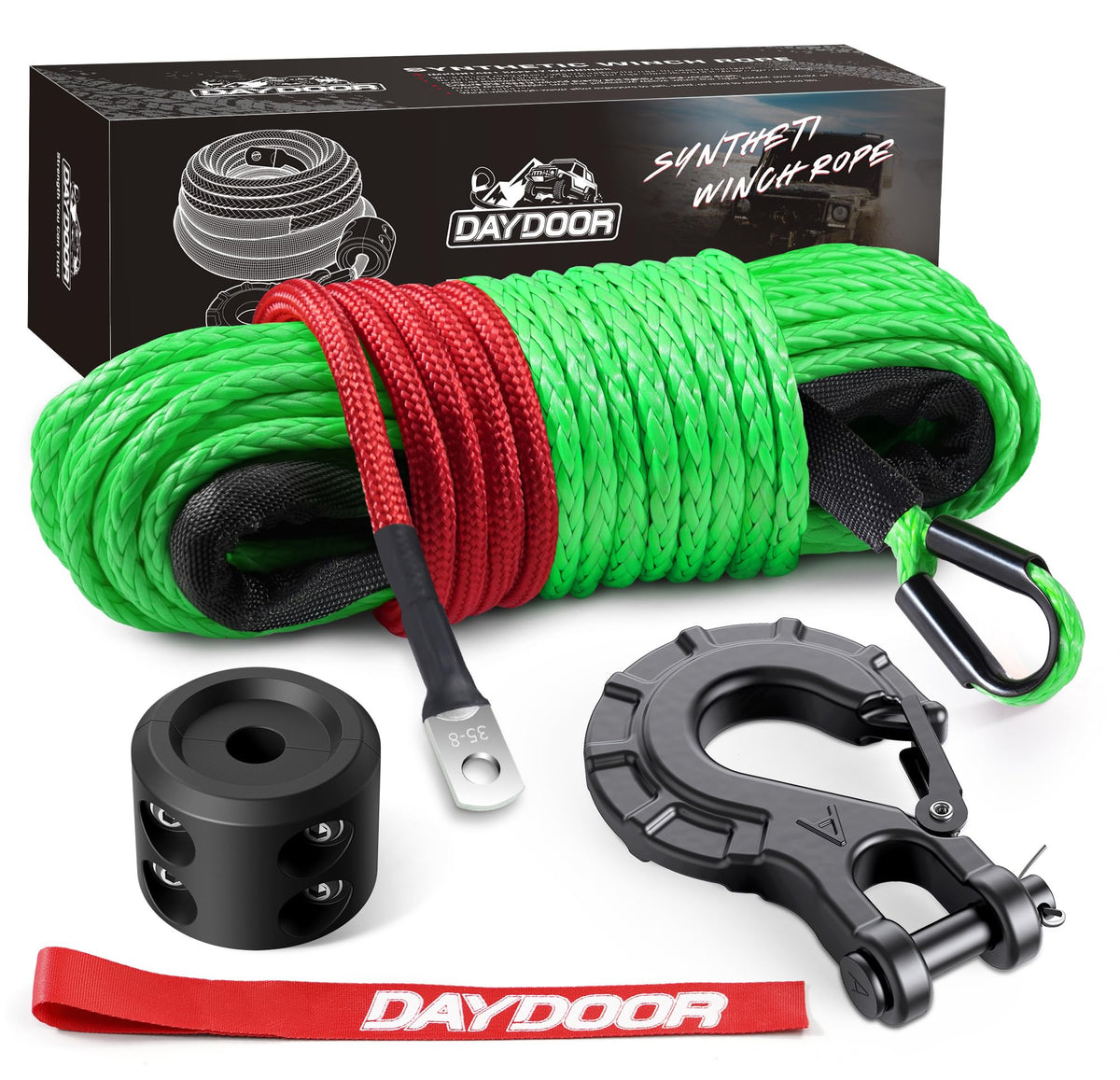 DAYDOOR front packaging showing green 1/4" x 50ft rope and accessories for quick identification