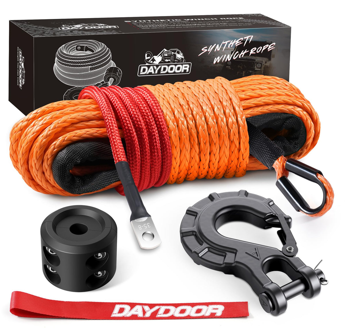 DAYDOOR front packaging showing 1/4" x 50ft rope and accessories for quick setup