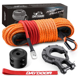 DAYDOOR front packaging showing 1/4" x 50ft rope and accessories for quick setup