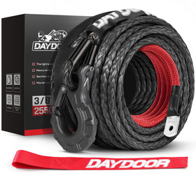 DAYDOOR front view of packaged synthetic winch rope showing included hook and sleeve for easy identification