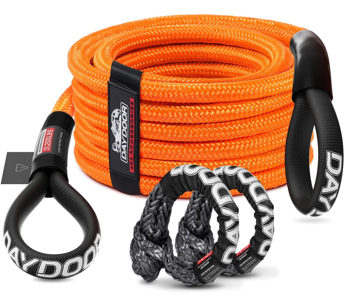 DAYDOOR recovery rope front view showing durable orange jacket and length, improves handling