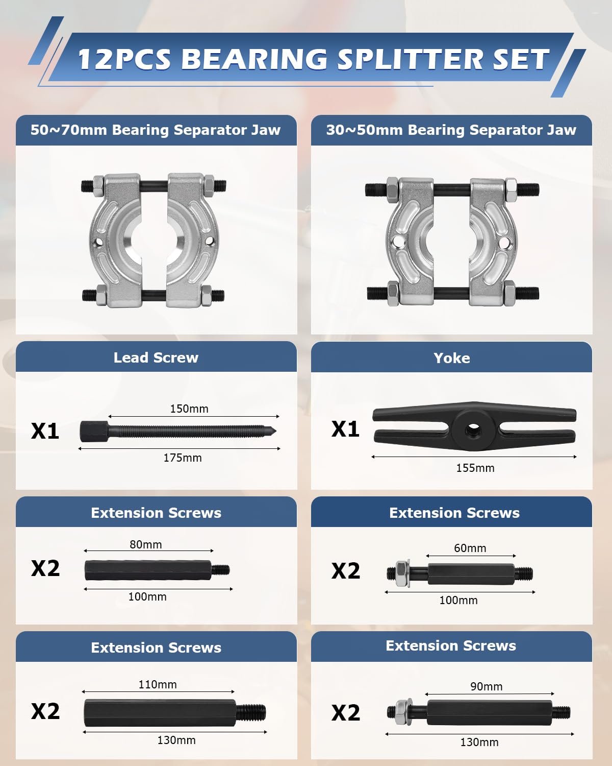 DAYUAN 2-inch and 3-inch separator jaws ready to split bearings with precise fit