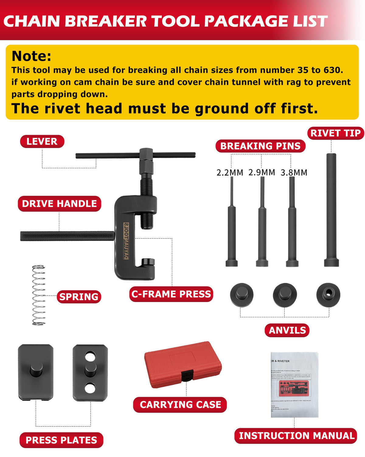 DAYUAN tool in use on a motorcycle chain demonstrating roadside repair