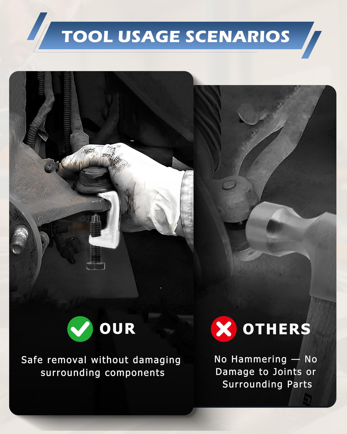 DAYUAN tool in use removing tie rod end illustrating faster, damage-free extraction