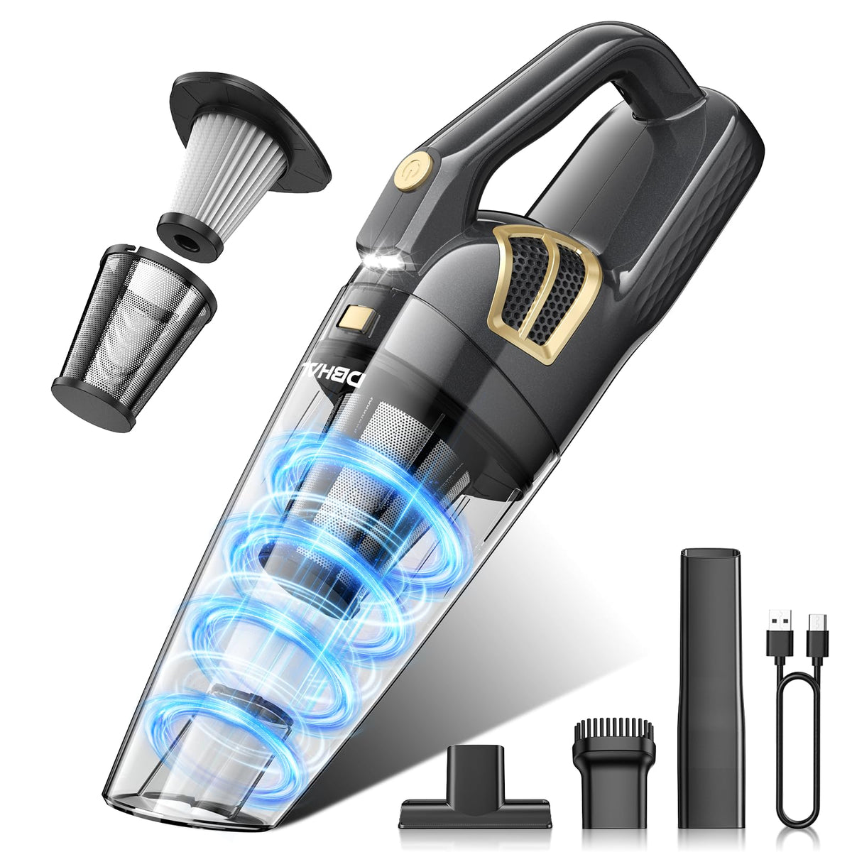 DBHAL front view of cordless handheld vacuum showing controls and nozzle, fast clean benefit