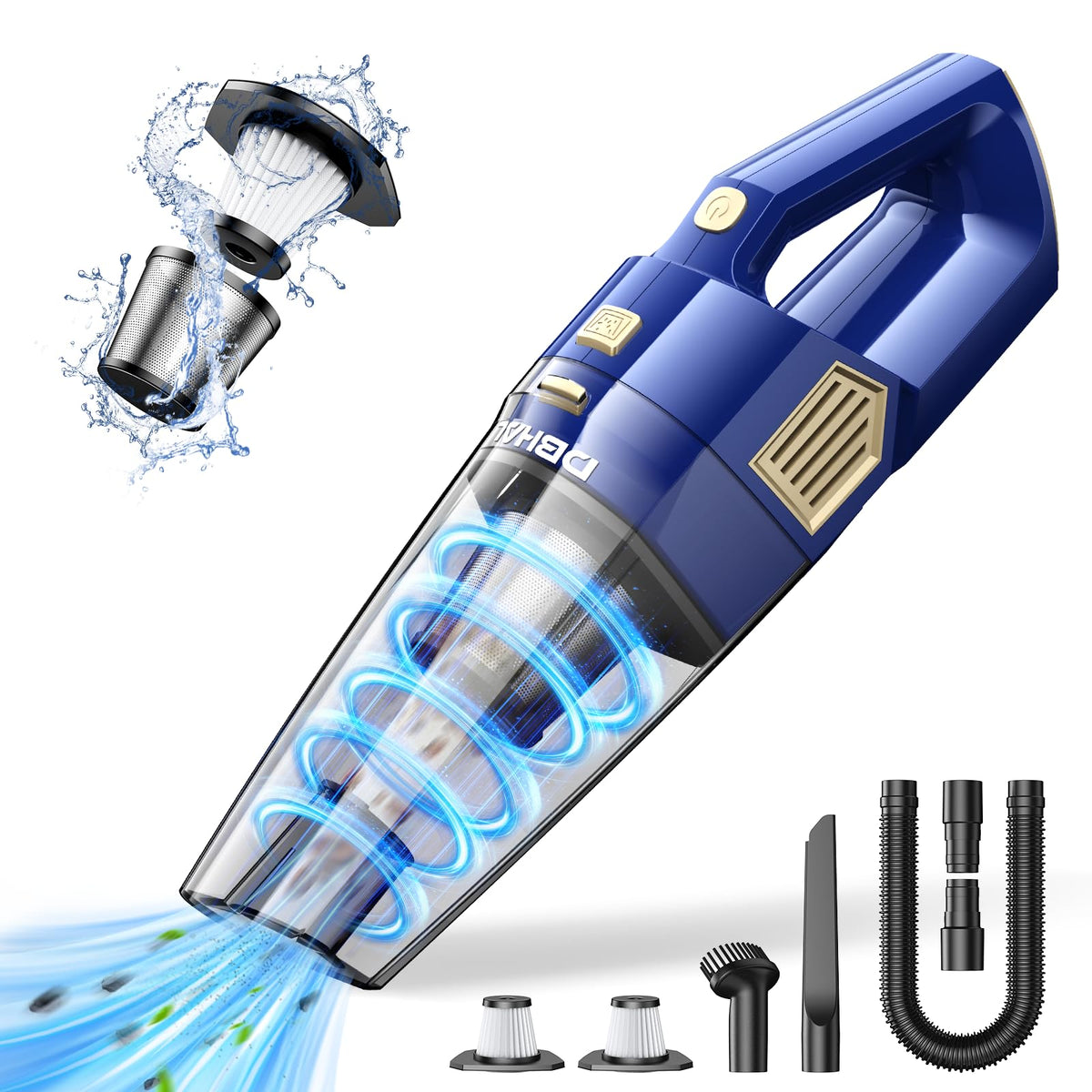 DBHAL handheld vacuum front view showing compact body and nozzle for quick cleaning benefit