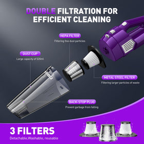 DBHAL vacuum cleaning a car seat demonstrating strong suction for crumbs and pet hair removal