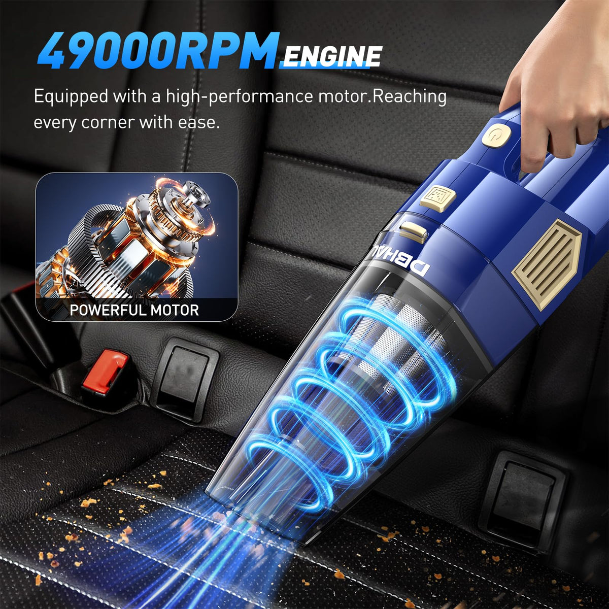 DBHAL vacuum cleaning a car seat demonstrating precise dirt removal and portability benefit