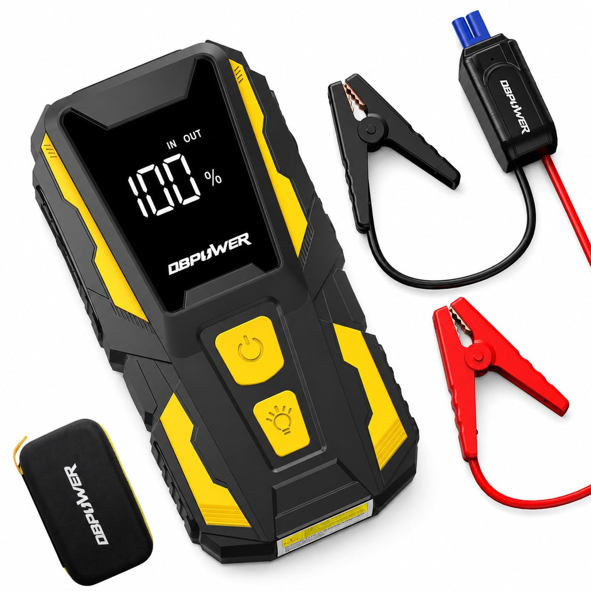 DBPOWER front view showing compact jump starter and case for easy storage and portability