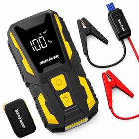 DBPOWER front view showing compact jump starter and case for easy storage and portability