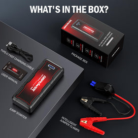 DBPOWER kit laid out with cables, bag and manual showing included accessories and readiness