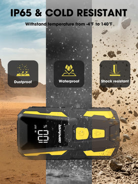DBPOWER next to water bottle for size comparison showing compact travel-friendly design