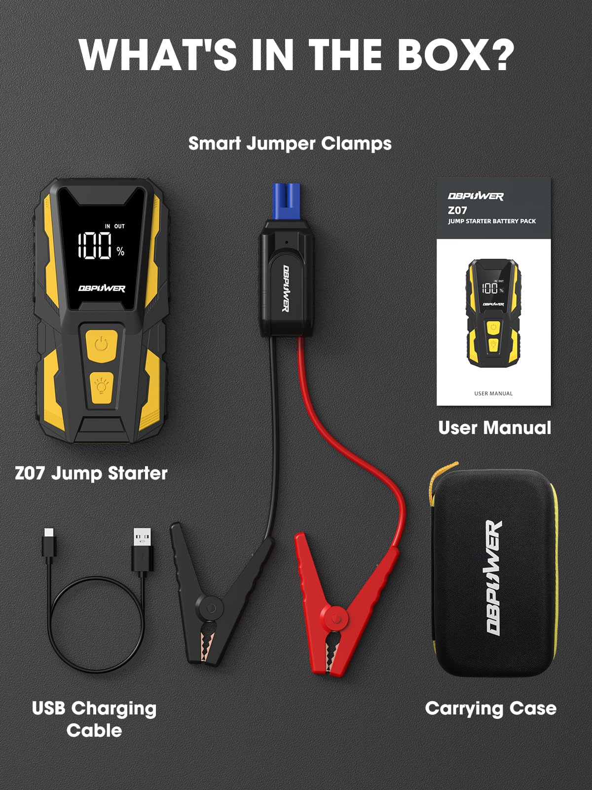 DBPOWER open storage case with cables and manual organized for quick emergency access