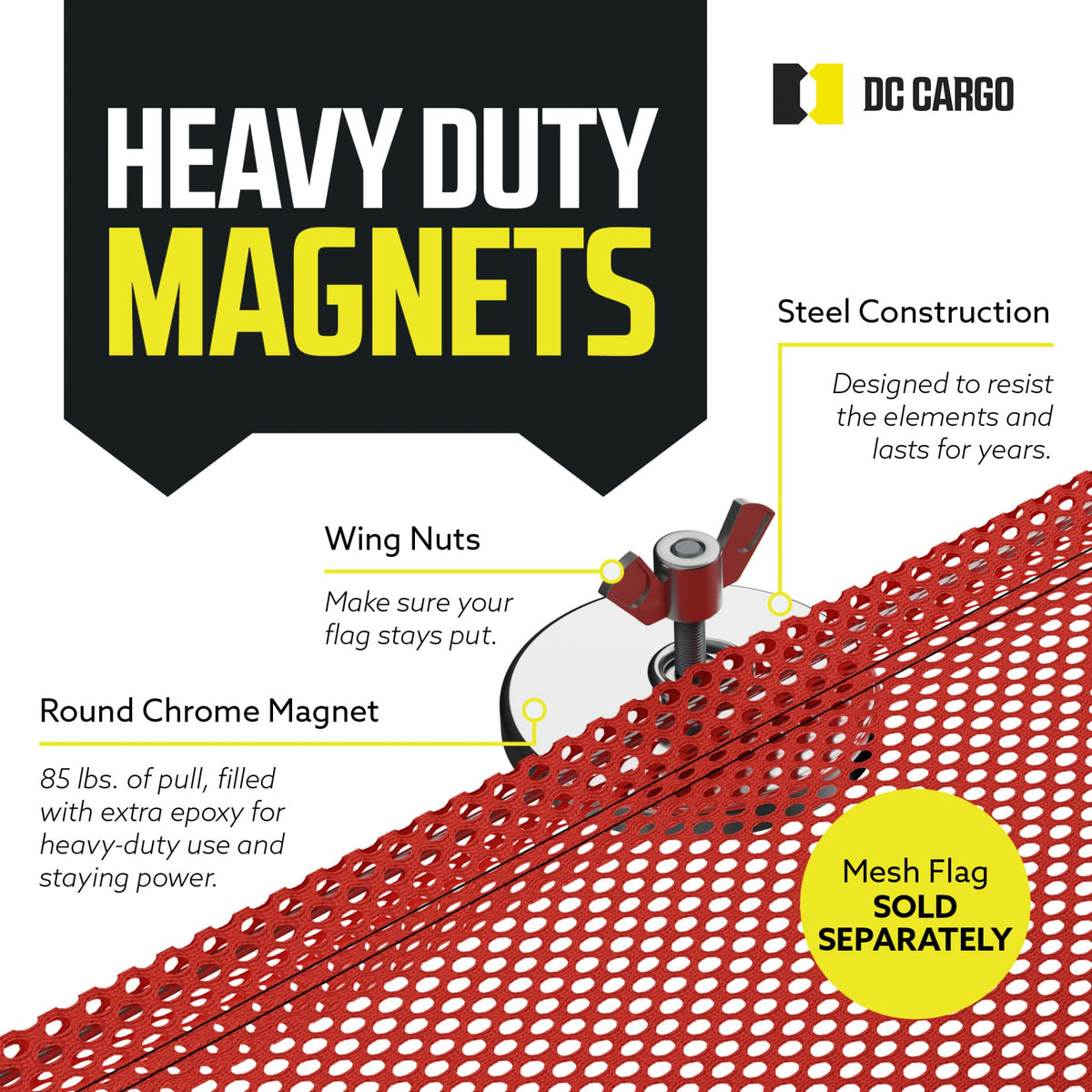 DC Cargo magnet mounted on a truck demonstrating quick, tool-free flag installation