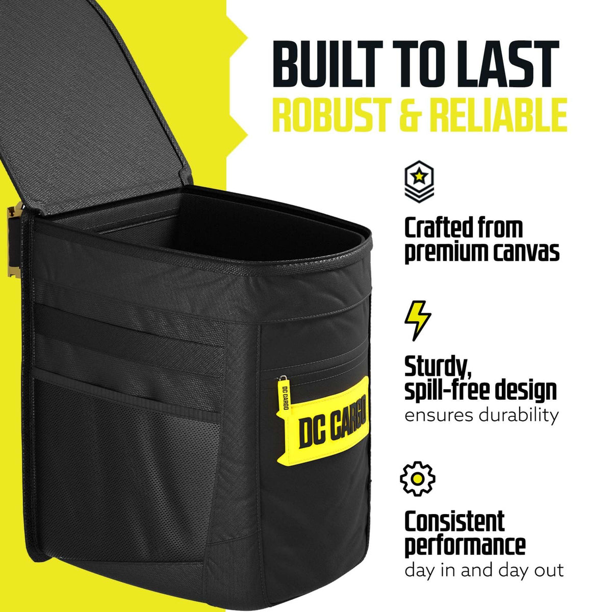 DC Cargo Mall flip-top cover closed preventing spills and containing odors