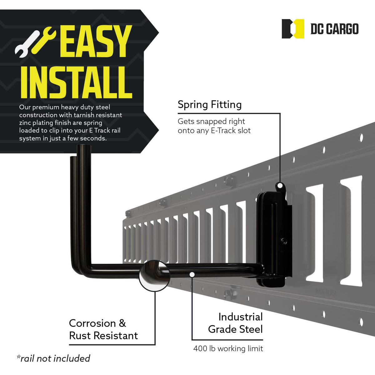 DC Cargo Mall hooked into E-Track rail, fast secure attachment for heavy gear